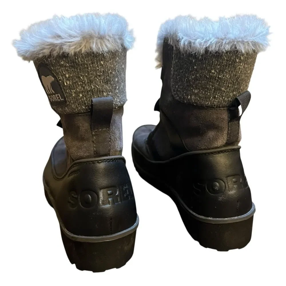 Sorel Tivoli II Boots Gray Black Faux Fur Waterproof Winter Boots 9.5